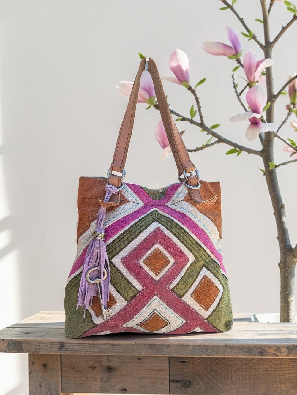 Fossil Multicolor Geometric Leather & Canvas Shoulder Bag